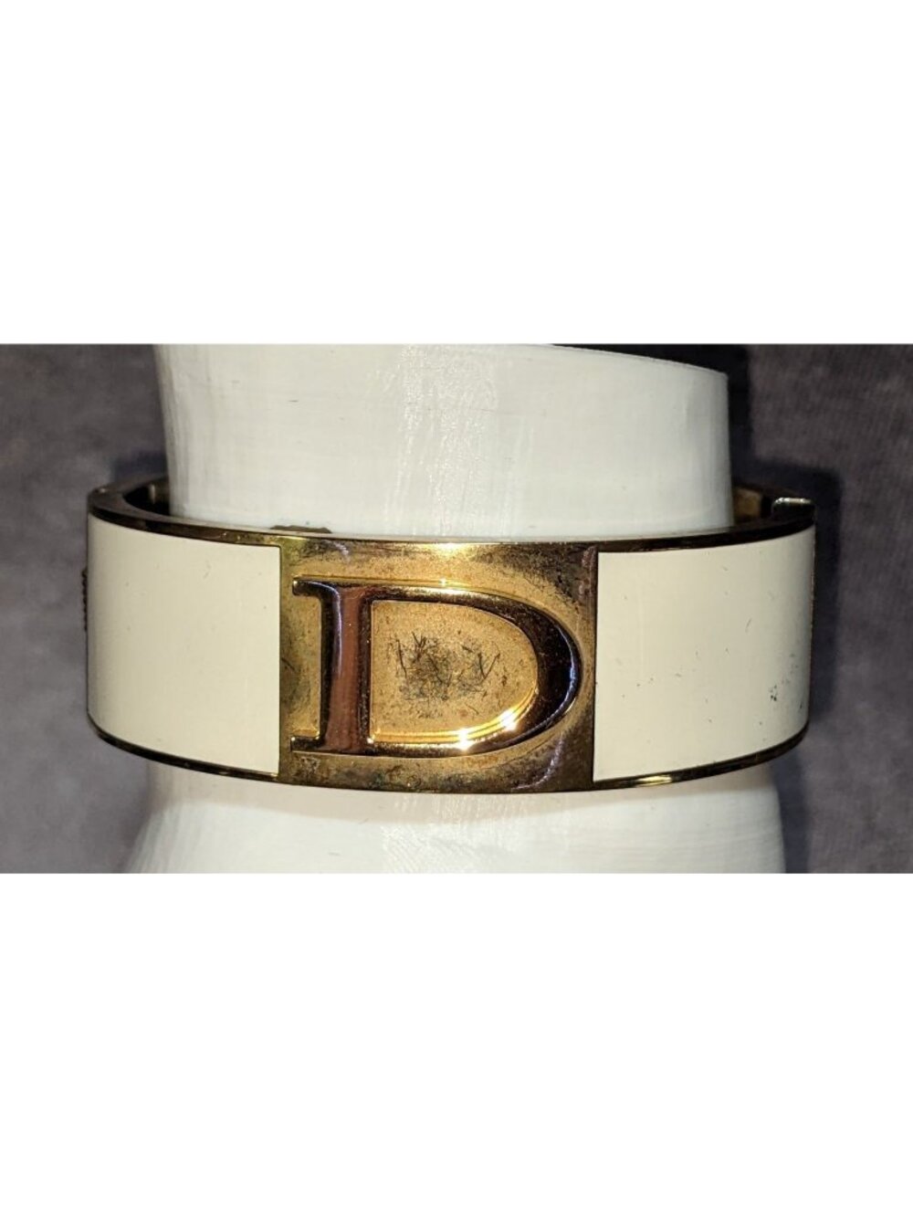 Mod C Wonder Cream Gold D Logo Enamel Cuff Bracelet Statement Jewelry